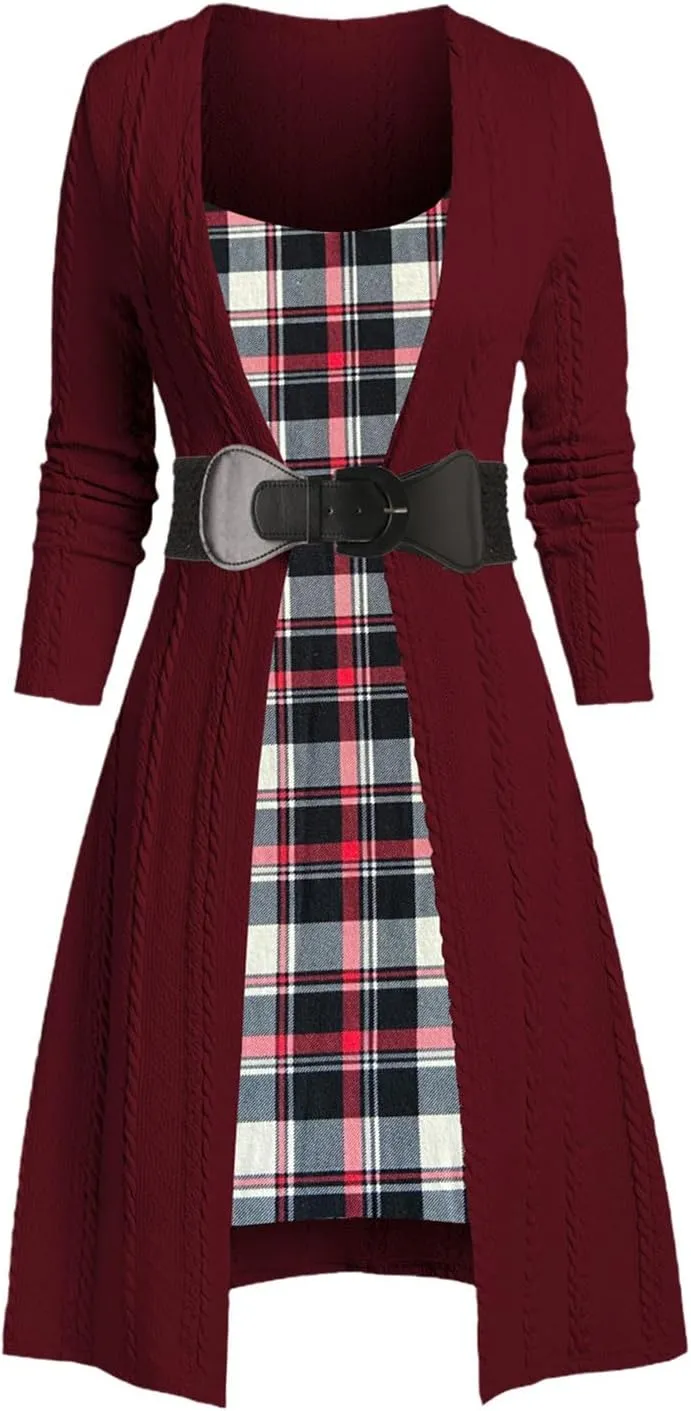 Plaid Patchwork Cable Knit Women Dress Sweater Spring Autumn Knee-Length Long Sleeves Fall