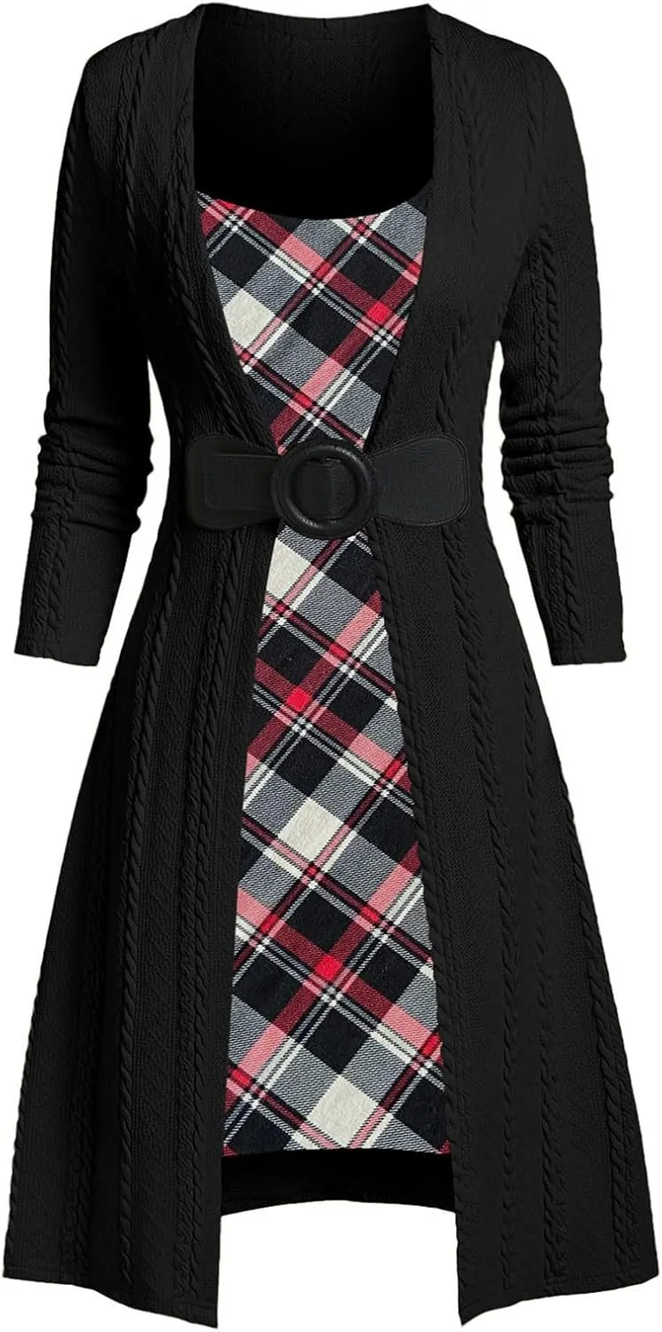 Plaid Patchwork Cable Knit Women Dress Sweater Spring Autumn Knee-Length Long Sleeves Fall