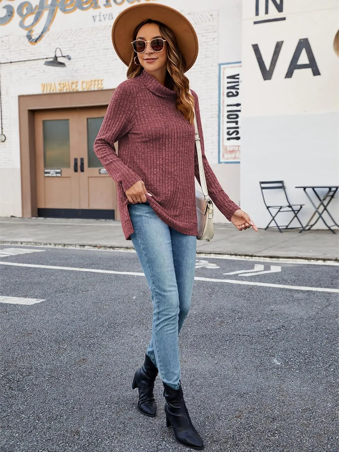 Poetsky Womens Turtleneck Tunic Sweaters to Wear with Leggings 2024 Side Split Fall Long Sleeve Tunic Tops
