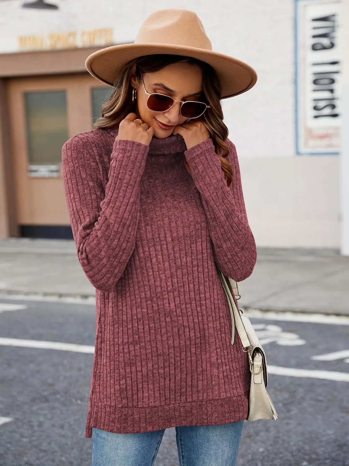Poetsky Womens Turtleneck Tunic Sweaters to Wear with Leggings 2024 Side Split Fall Long Sleeve Tunic Tops
