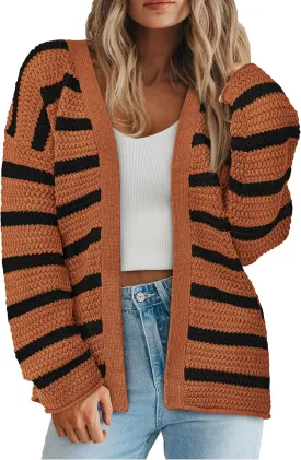 PRETTYGARDEN Women's 2024 Fall Striped Open Front Cardigan Sweaters Chunky Knit Long Sleeve Loose Trendy Winter Cardigans