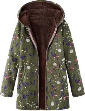 RMXEi Ladies Long Sleeve Zipper Hooded Thick Composite Plush Vintage Flower Print Plus Size Hooded Jacket
