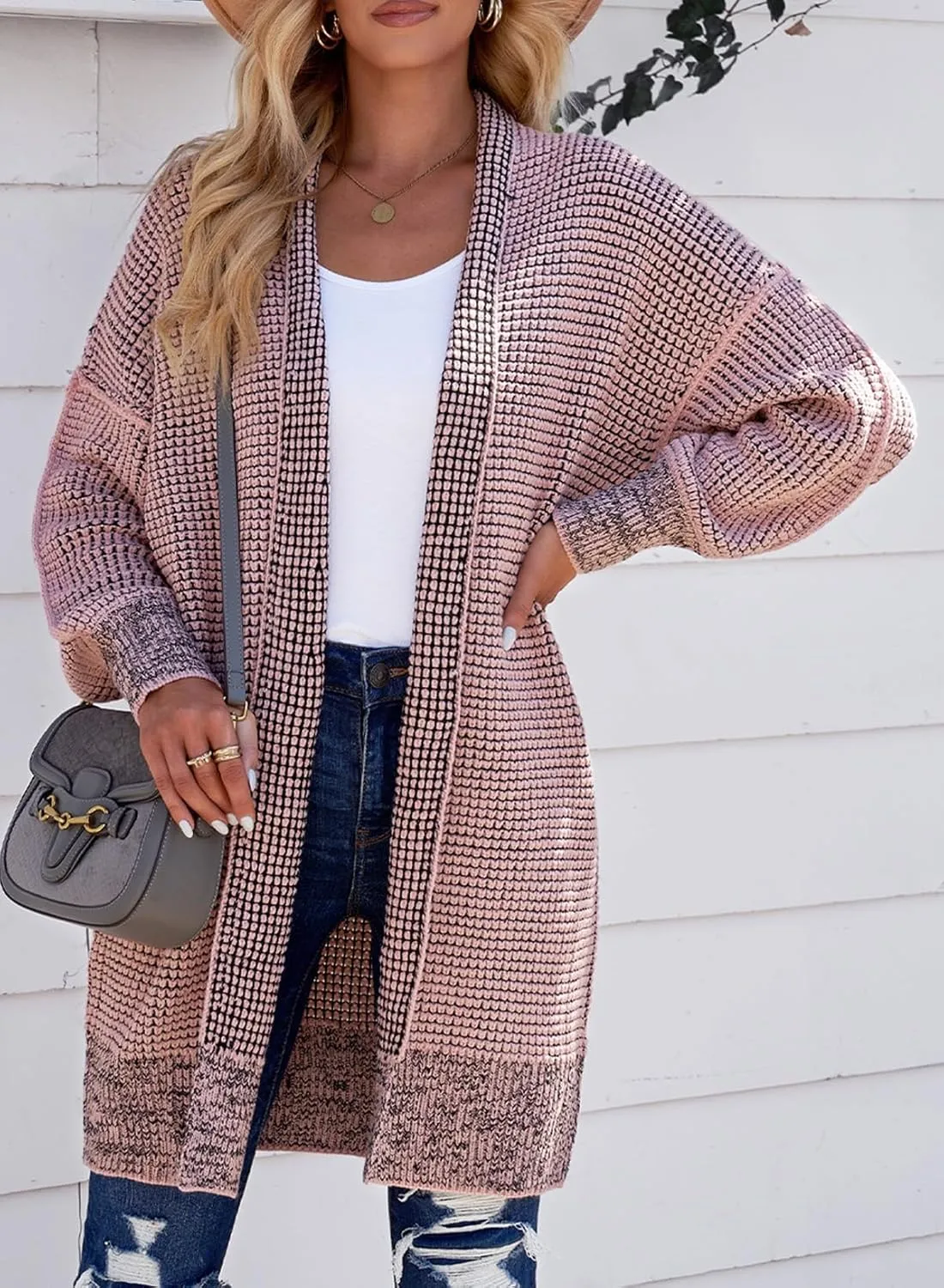 Sidefeel Womens 2024 Fall Winter Long Sleeve Open Front Cardigan Sweaters Oversized Checkered Chunky Knit Sweaters Coat