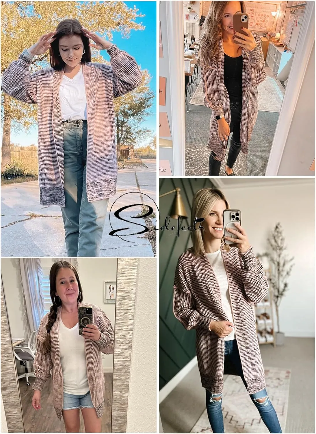 Sidefeel Womens 2024 Fall Winter Long Sleeve Open Front Cardigan Sweaters Oversized Checkered Chunky Knit Sweaters Coat