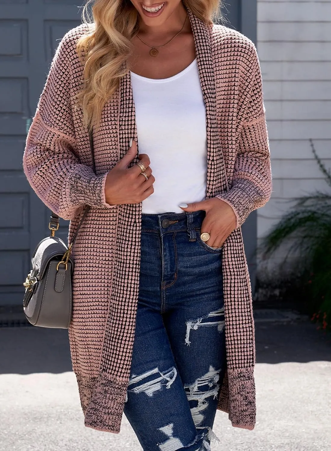 Sidefeel Womens 2024 Fall Winter Long Sleeve Open Front Cardigan Sweaters Oversized Checkered Chunky Knit Sweaters Coat