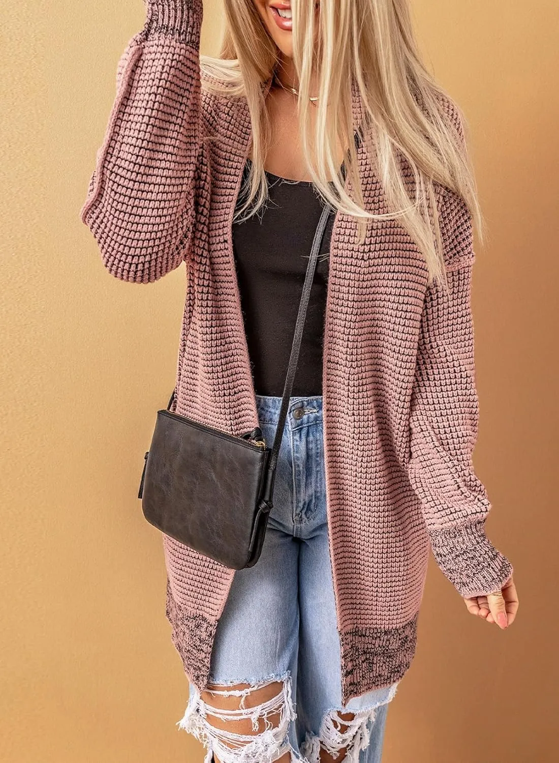Sidefeel Womens 2024 Fall Winter Long Sleeve Open Front Cardigan Sweaters Oversized Checkered Chunky Knit Sweaters Coat