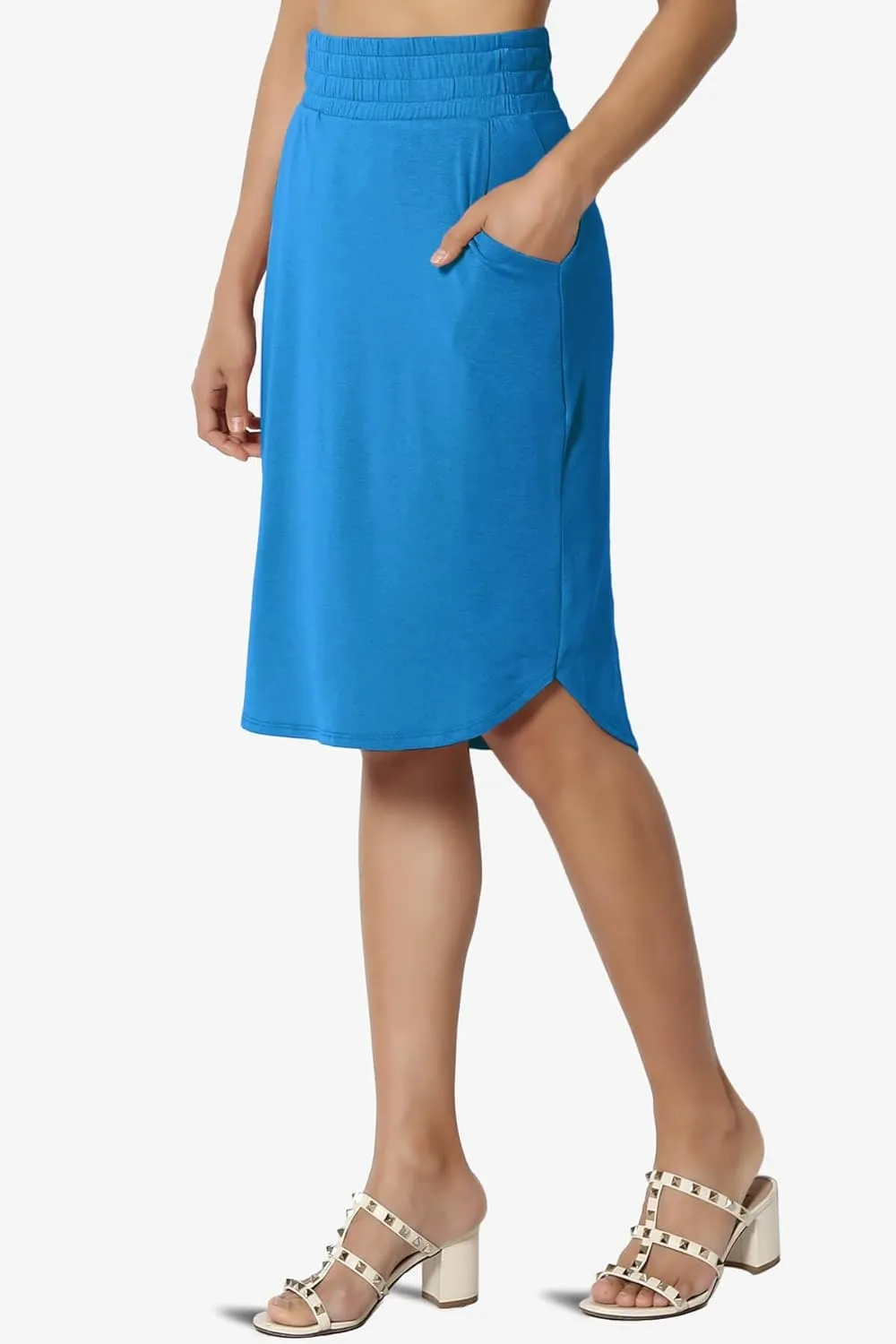 TheMogan Women's Elastic High Waist Soft Midi Skirt w Pocket Comfortable Casual Everyday Wear