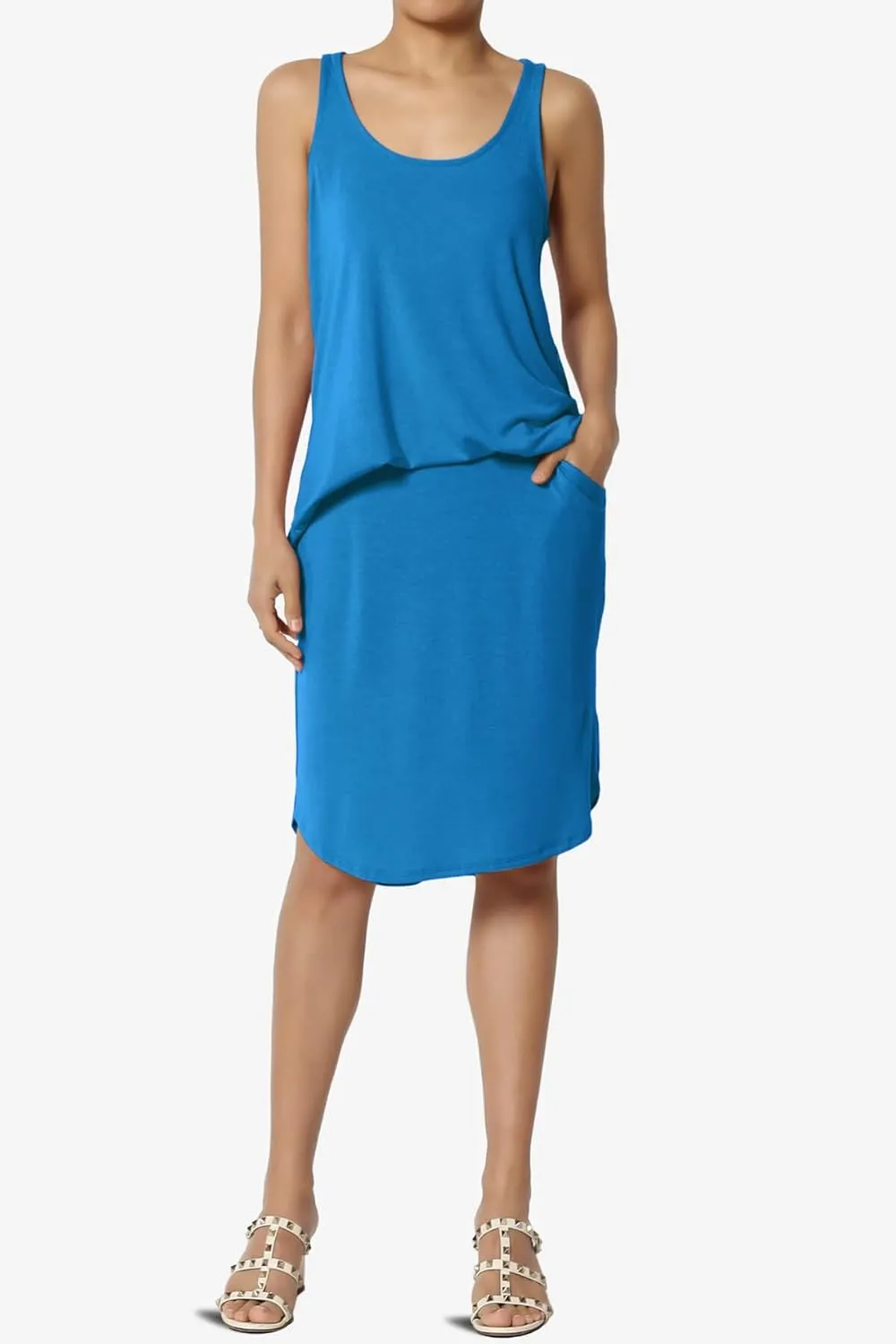 TheMogan Women's Elastic High Waist Soft Midi Skirt w Pocket Comfortable Casual Everyday Wear