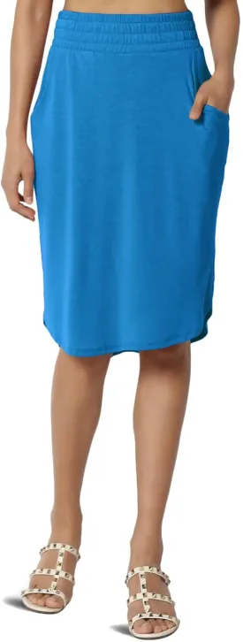 TheMogan Women's Elastic High Waist Soft Midi Skirt w Pocket Comfortable Casual Everyday Wear