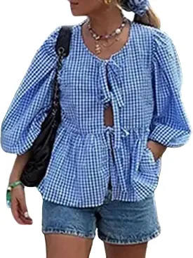 Tie Front Top Blouse Peplum Top Puff Sleeve Leopard Print Cheetah Print Bow Top Coquette Summer Trendy 2024