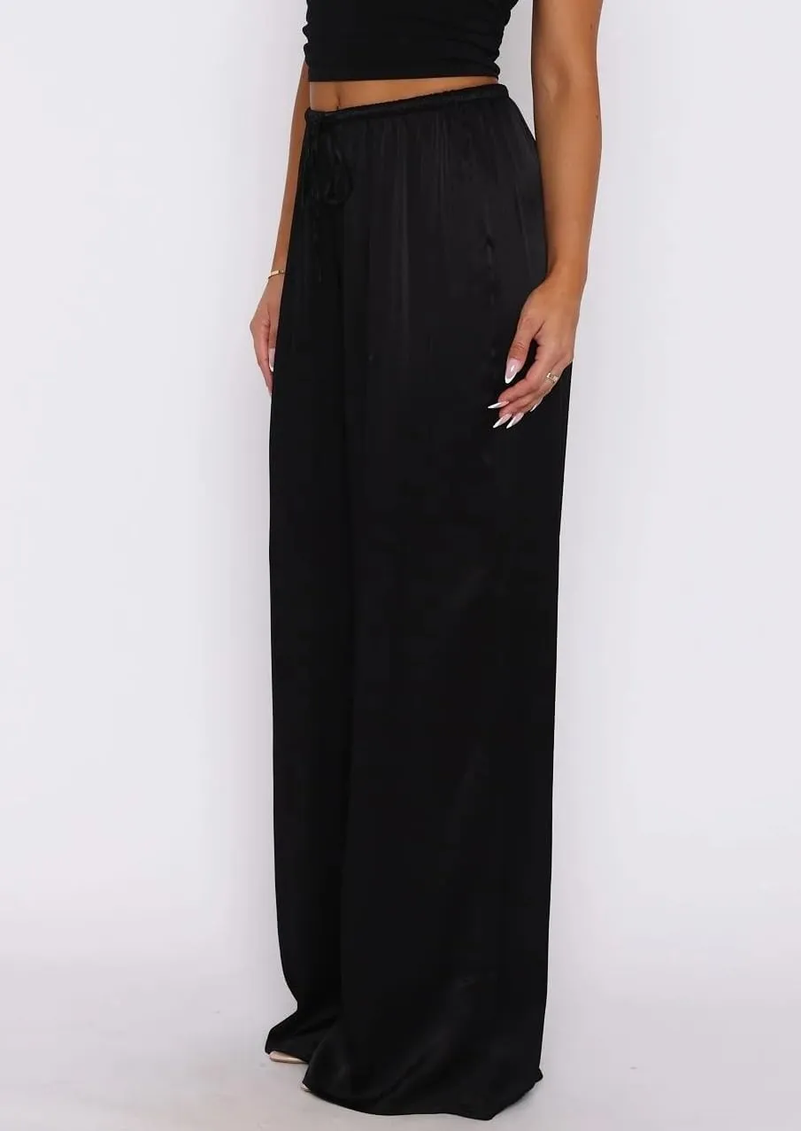 UAURORAO Satin Pants for Women Dressy Silk Wide Leg Lounge Pants Elastic Drawstring Casual Long Flowy Trousers
