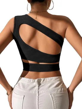 WDIRARA Women's Cut Out One Shoulder Sleeveless Crop Top Fitted Sexy Plain Top