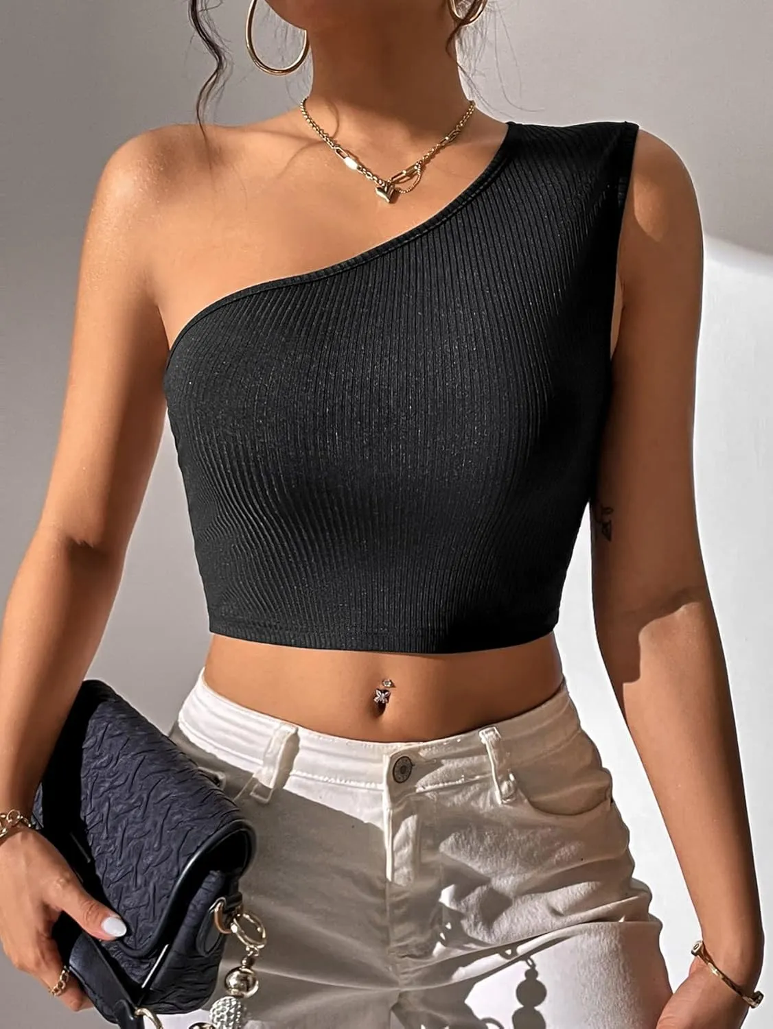 WDIRARA Women's Cut Out One Shoulder Sleeveless Crop Top Fitted Sexy Plain Top
