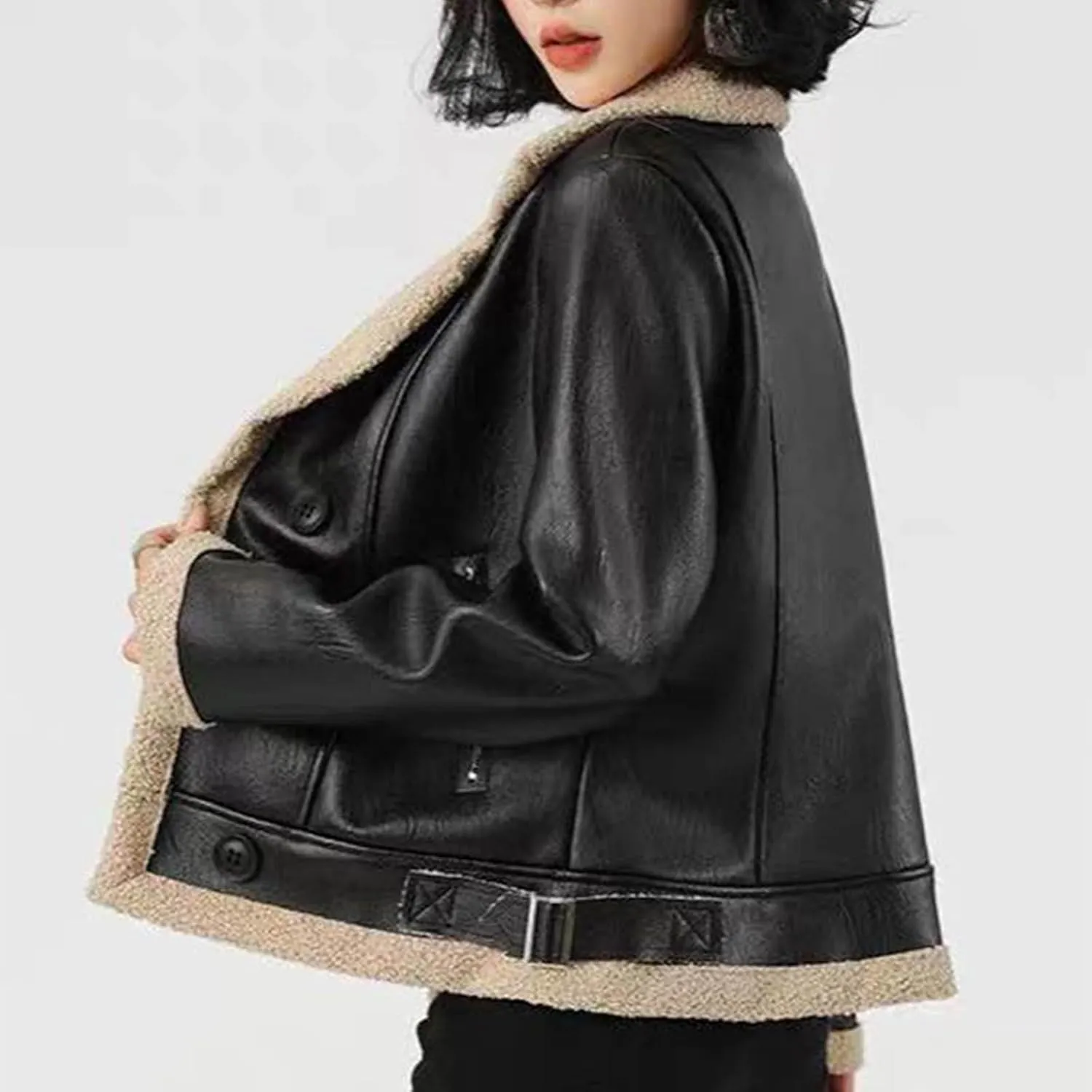 Women Faux Leather Jacket Cropped Black Moto Jacket Thicken Fleece Lined Parka Winter Shearling Fluffy Coat