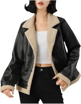 Women Faux Leather Jacket Cropped Black Moto Jacket Thicken Fleece Lined Parka Winter Shearling Fluffy Coat