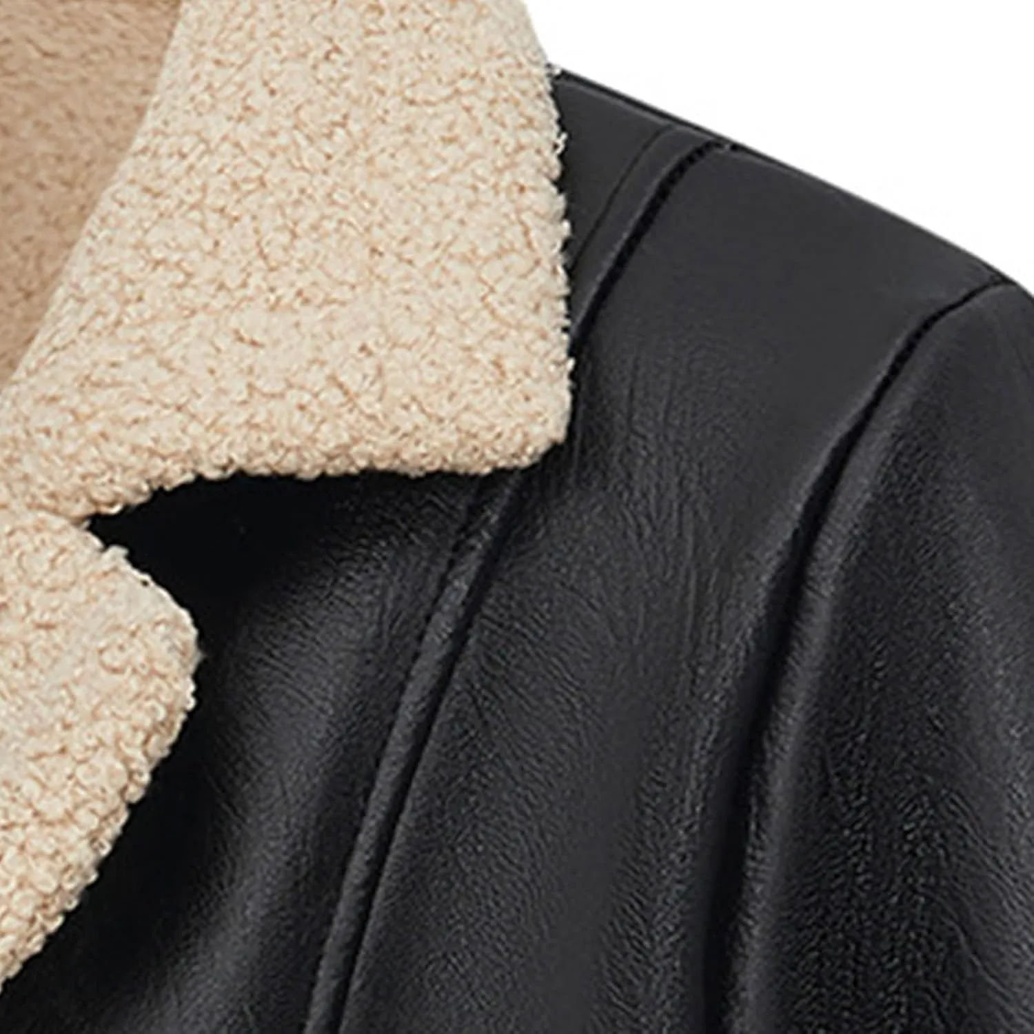 Women Faux Leather Jacket Cropped Black Moto Jacket Thicken Fleece Lined Parka Winter Shearling Fluffy Coat