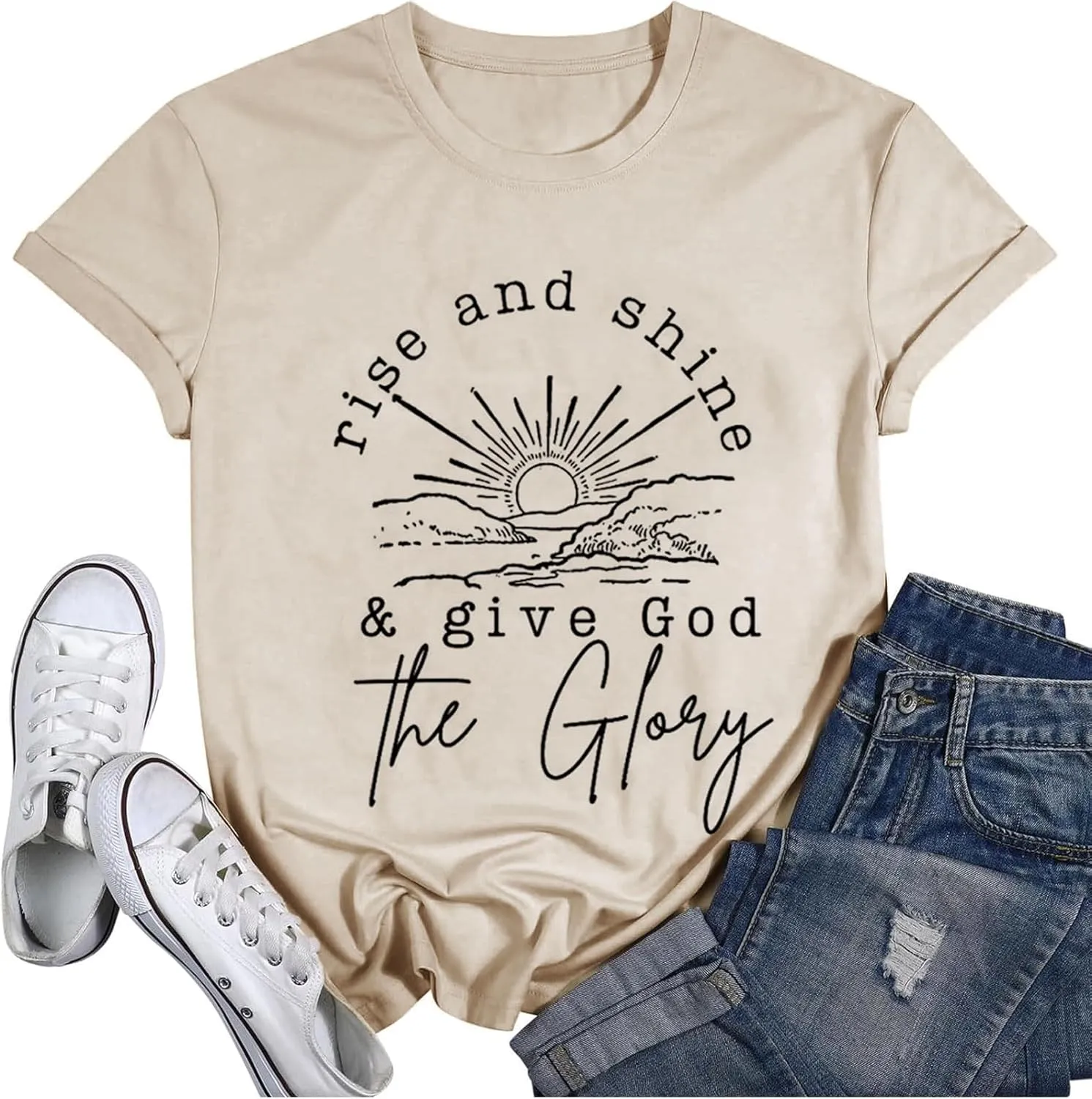 Women Mountain Sunrise Adventure Shirt Hiking Camping Workout T Loose Fit Activewear Rise and Shine Give God The Glory Shirt