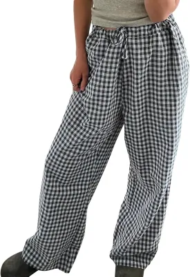 Women Y2K Plaid Pants Summer Casual Drawstring High Waist Straight Leg Trousers Gingham Lounge Pants Streetwear