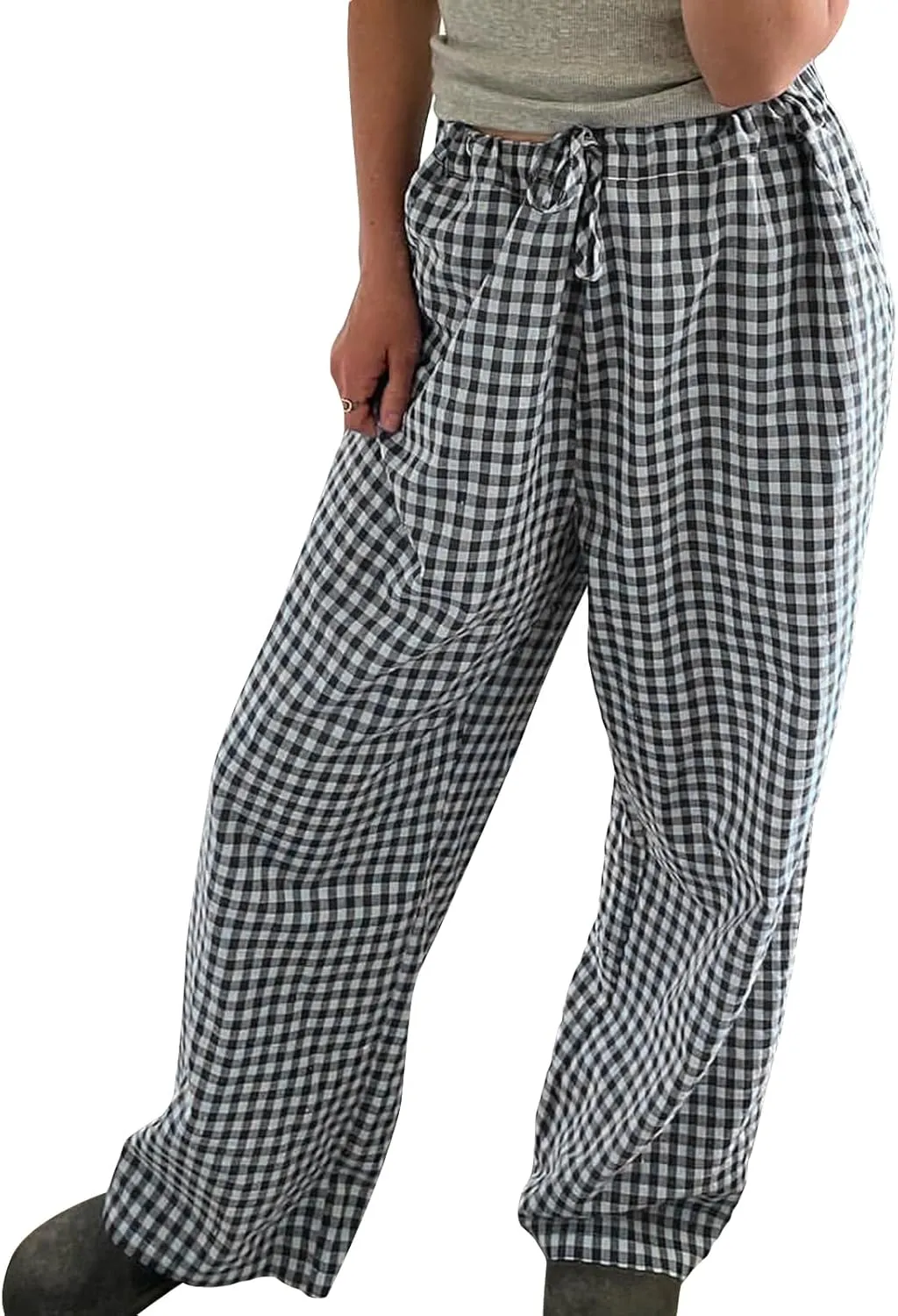 Women Y2K Plaid Pants Summer Casual Drawstring High Waist Straight Leg Trousers Gingham Lounge Pants Streetwear