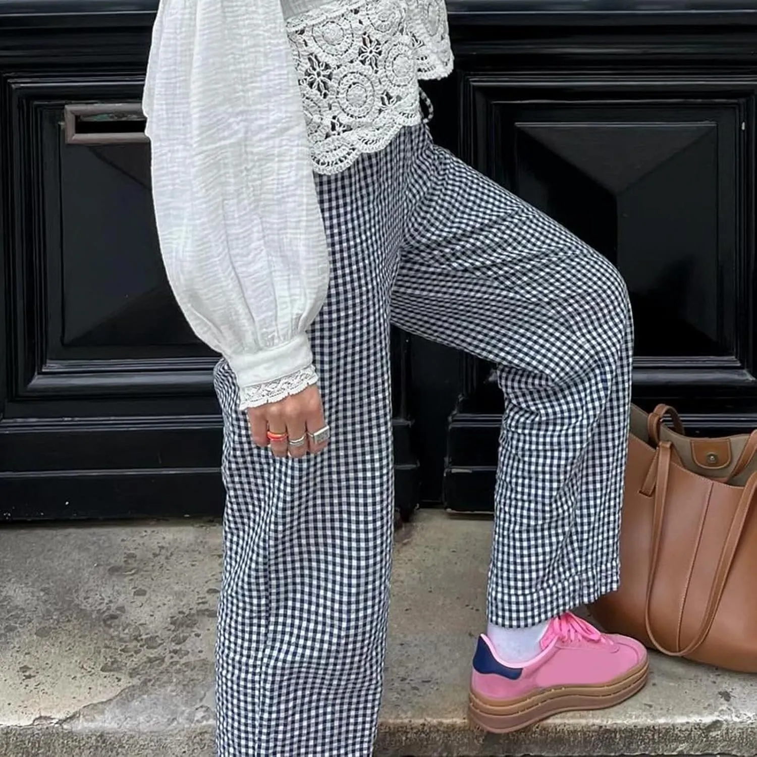 Women Y2K Plaid Pants Summer Casual Drawstring High Waist Straight Leg Trousers Gingham Lounge Pants Streetwear