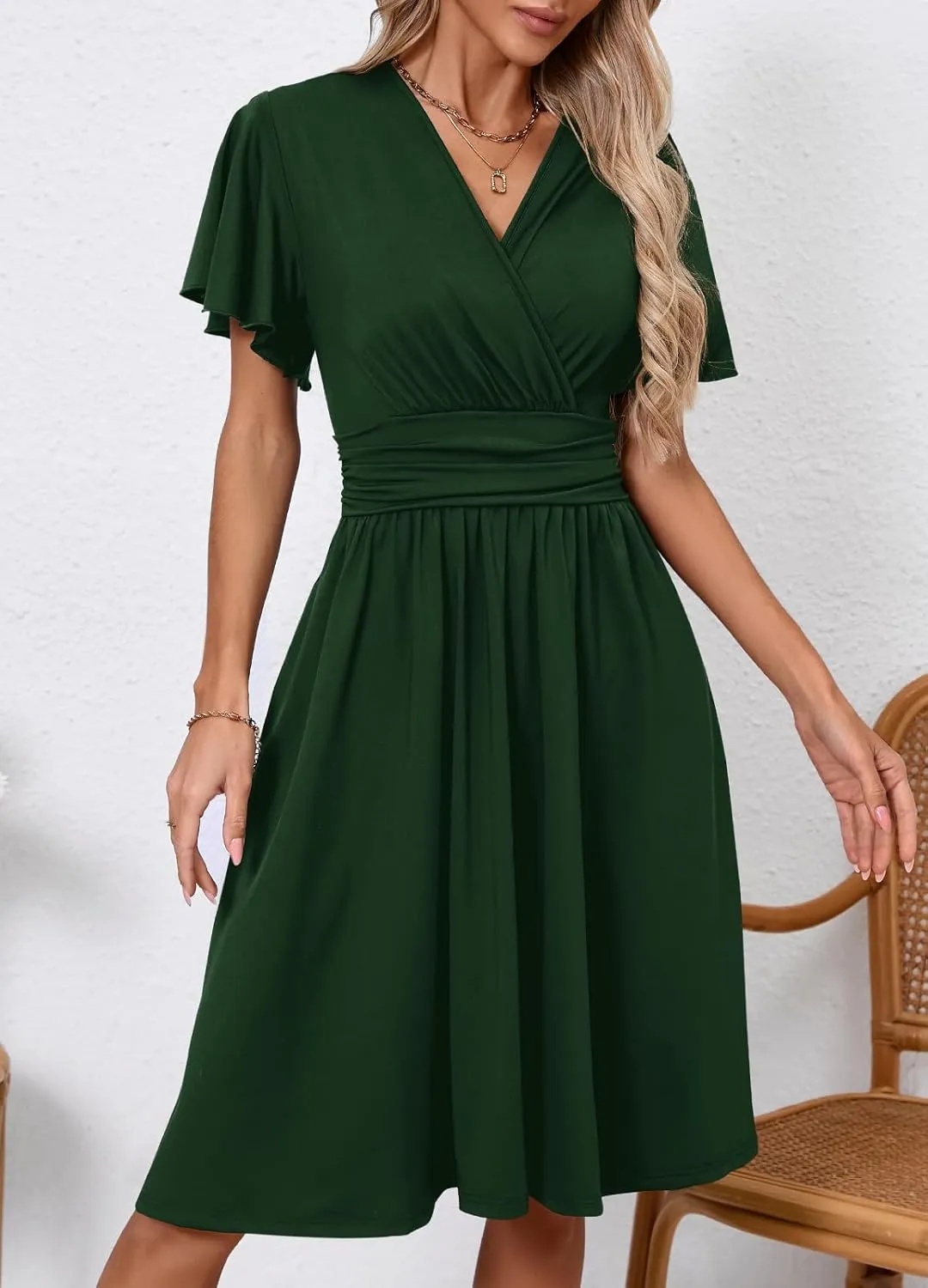 Women's Casual Summer Dress V Neck Short Sleeve Flowy Stretchy Comfort Fit for Daily Wear Work Midi Dresses