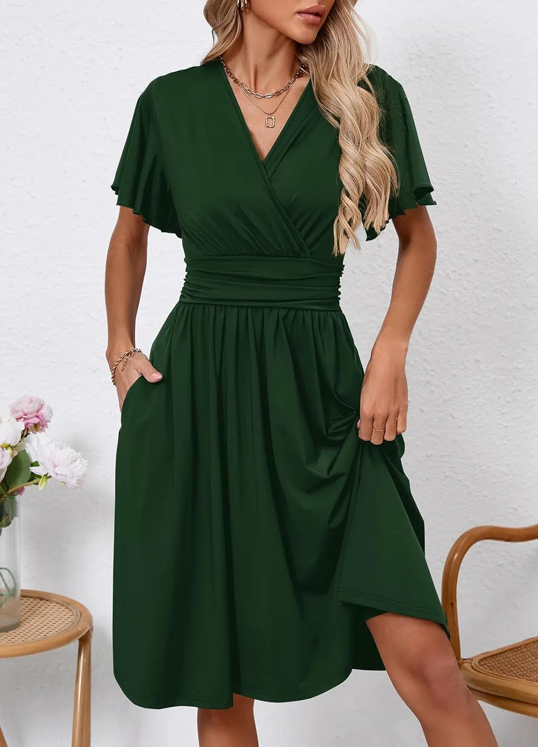 Women's Casual Summer Dress V Neck Short Sleeve Flowy Stretchy Comfort Fit for Daily Wear Work Midi Dresses