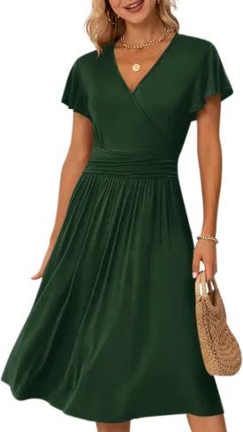 Women's Casual Summer Dress V Neck Short Sleeve Flowy Stretchy Comfort Fit for Daily Wear Work Midi Dresses