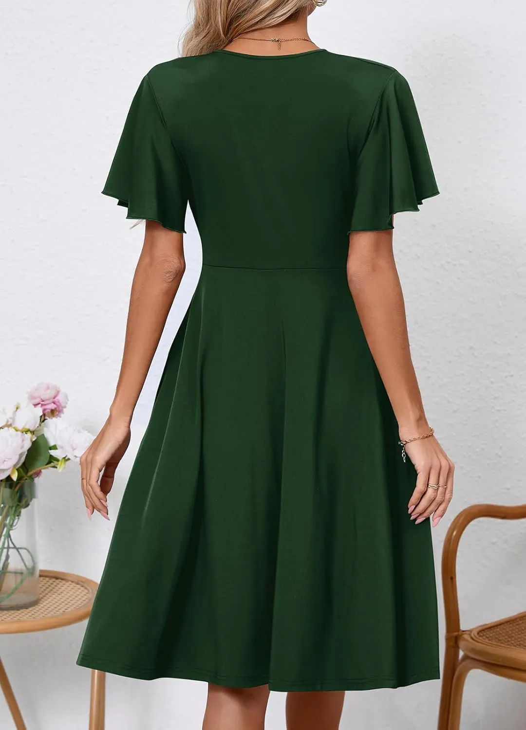 Women's Casual Summer Dress V Neck Short Sleeve Flowy Stretchy Comfort Fit for Daily Wear Work Midi Dresses