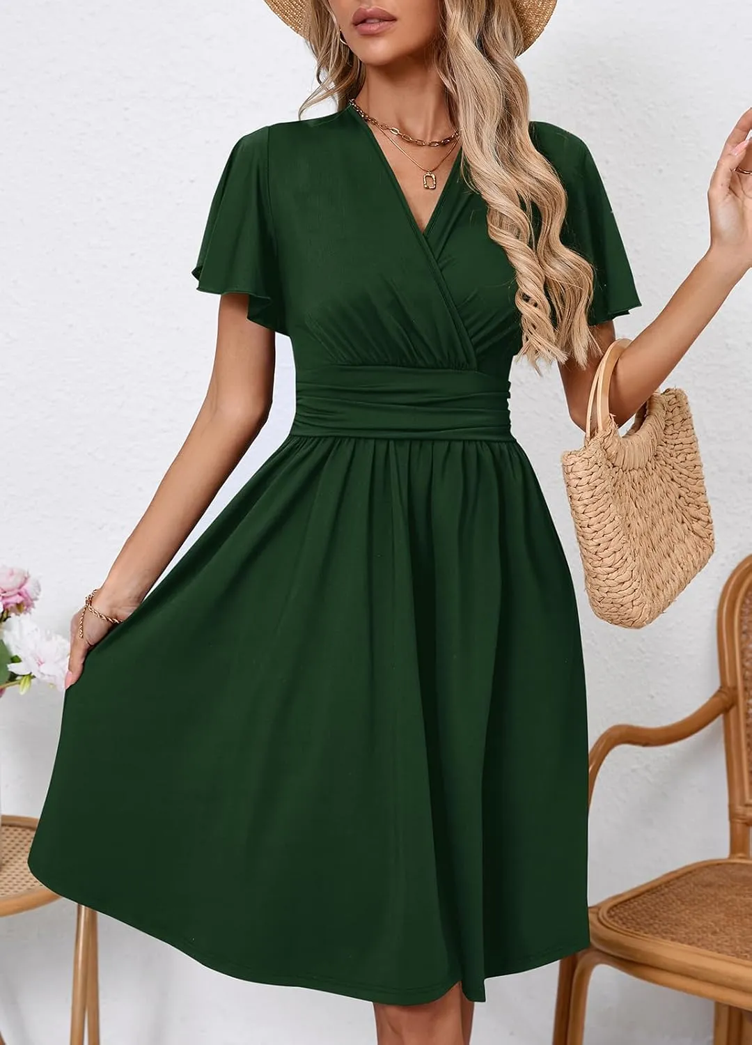 Women's Casual Summer Dress V Neck Short Sleeve Flowy Stretchy Comfort Fit for Daily Wear Work Midi Dresses
