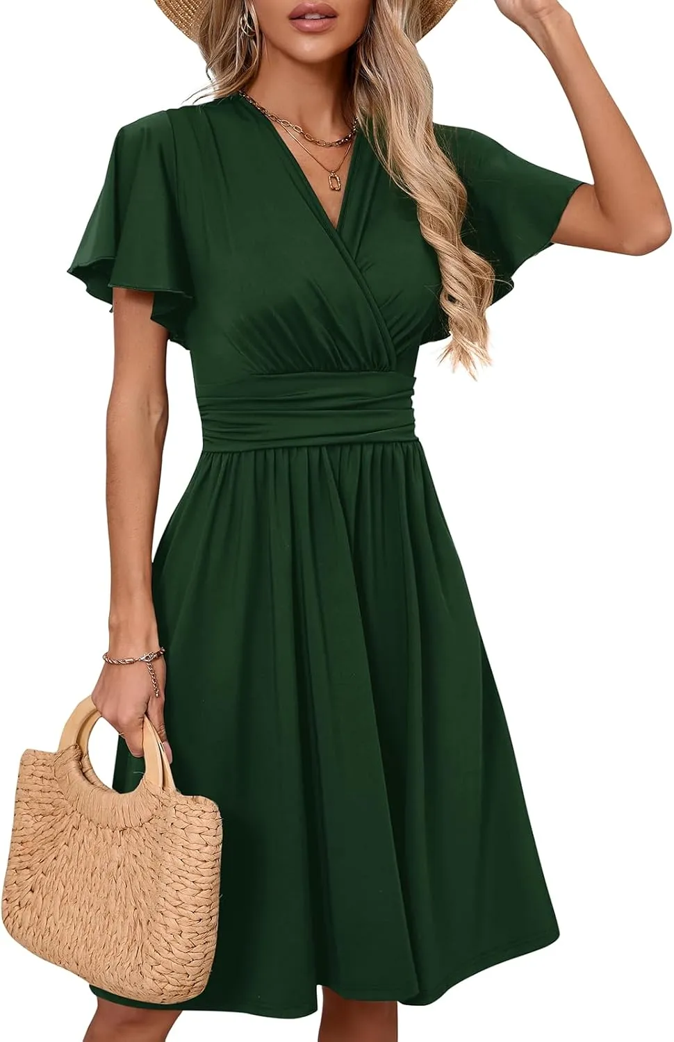 Women's Casual Summer Dress V Neck Short Sleeve Flowy Stretchy Comfort Fit for Daily Wear Work Midi Dresses