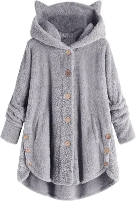 Womens Long Fleece Jackets Winter Hooded Coats Oversized Button Down Cardigan Sweater Warm Soft Jacket with Pockets