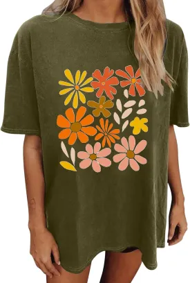 Women's Oversized T Shirts Summer Fashion Floral Print Short Sleeve Tops Casual Crewneck Loose Tees