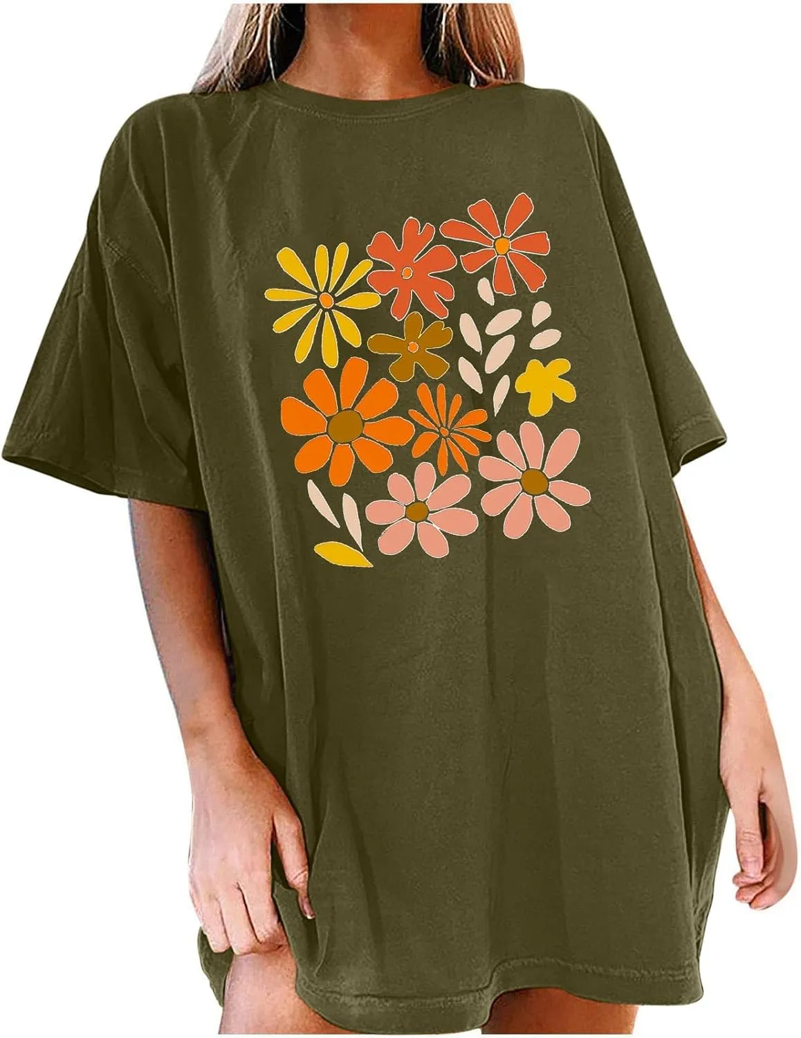 Women's Oversized T Shirts Summer Fashion Floral Print Short Sleeve Tops Casual Crewneck Loose Tees