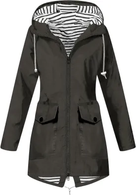 Women's Raincoat Windbreaker Zipper Hoodies Rain Jacket Waterproof Lightweight Outdoor Rain Coat Hooded Trench Coats