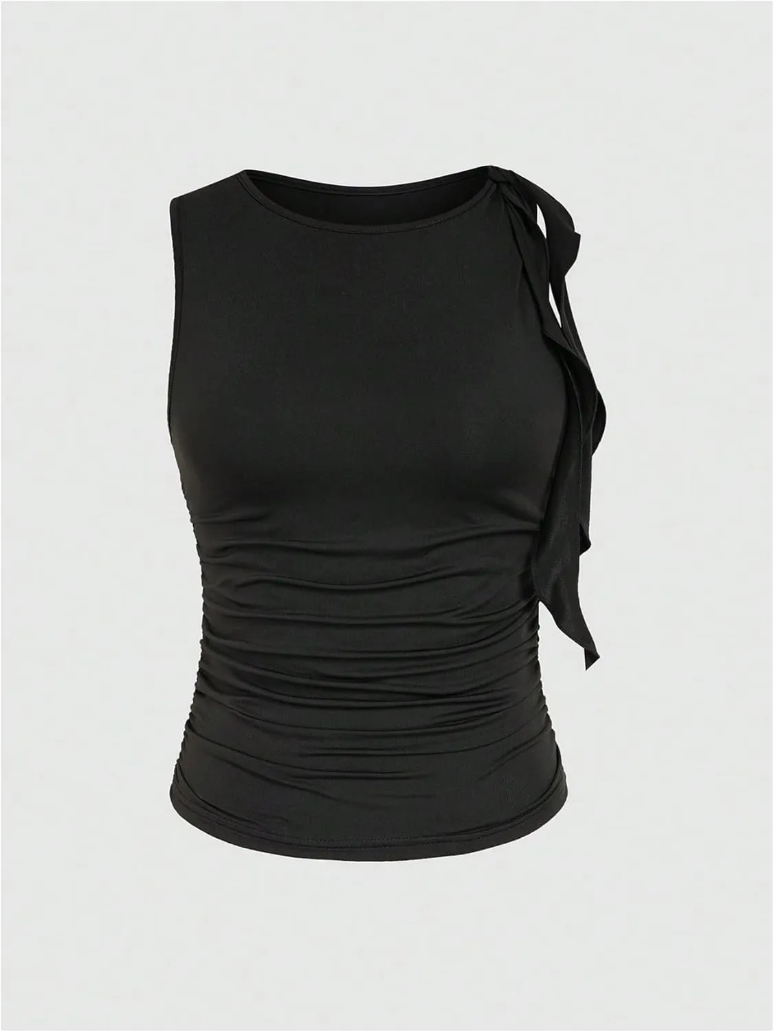 Women's Ruched Knotted Tank Top Y2k Sleeveless Scoop Neck Crop Top Knot Side Lettuce Trim Fitted Tops