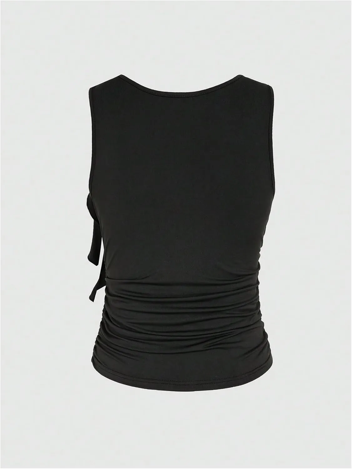 Women's Ruched Knotted Tank Top Y2k Sleeveless Scoop Neck Crop Top Knot Side Lettuce Trim Fitted Tops