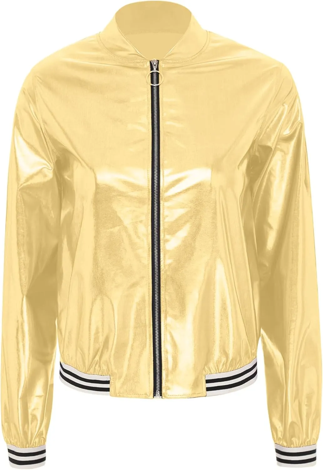 Women's Sparkly Holographic Jackets Front Zip Long Sleeve Elastic Striped Bands Cute Jackets