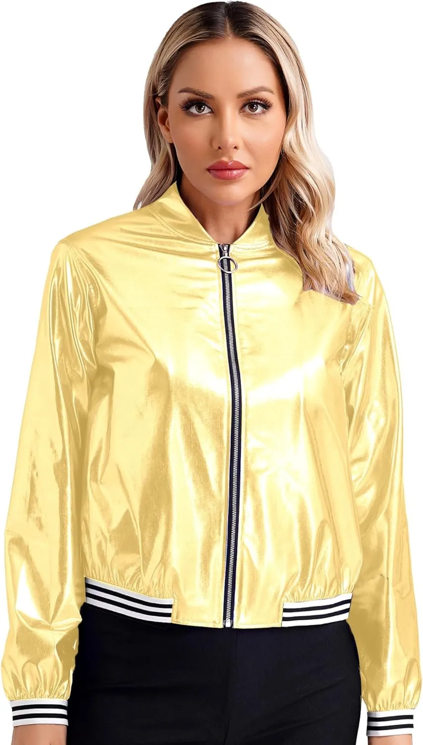 Women's Sparkly Holographic Jackets Front Zip Long Sleeve Elastic Striped Bands Cute Jackets