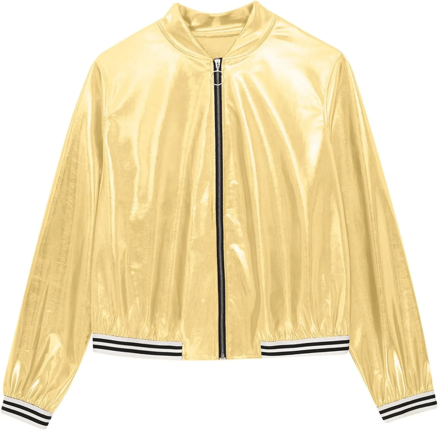 Women's Sparkly Holographic Jackets Front Zip Long Sleeve Elastic Striped Bands Cute Jackets