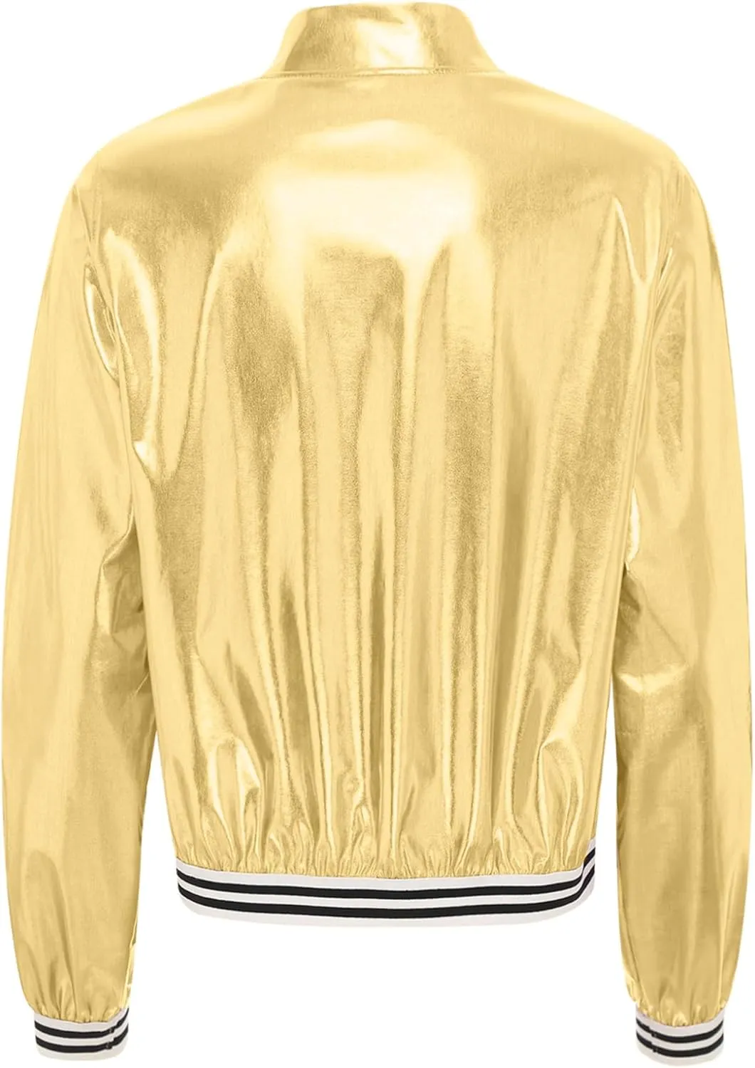 Women's Sparkly Holographic Jackets Front Zip Long Sleeve Elastic Striped Bands Cute Jackets