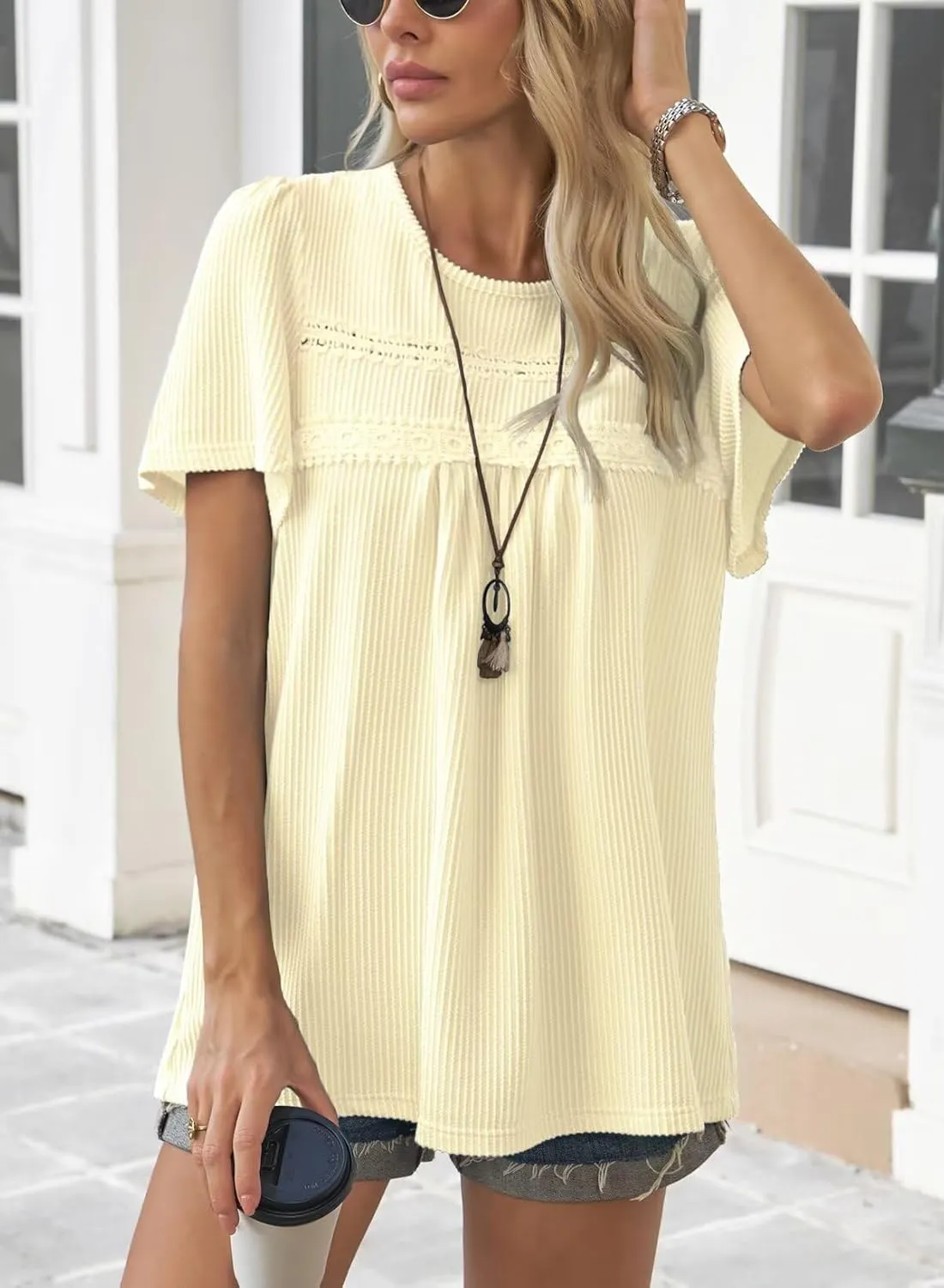Womens Summer Tops Crewneck Short Sleeve Striped Shirts Casual Ribbed Blouses Flowy Hem Boho Clothing 2025