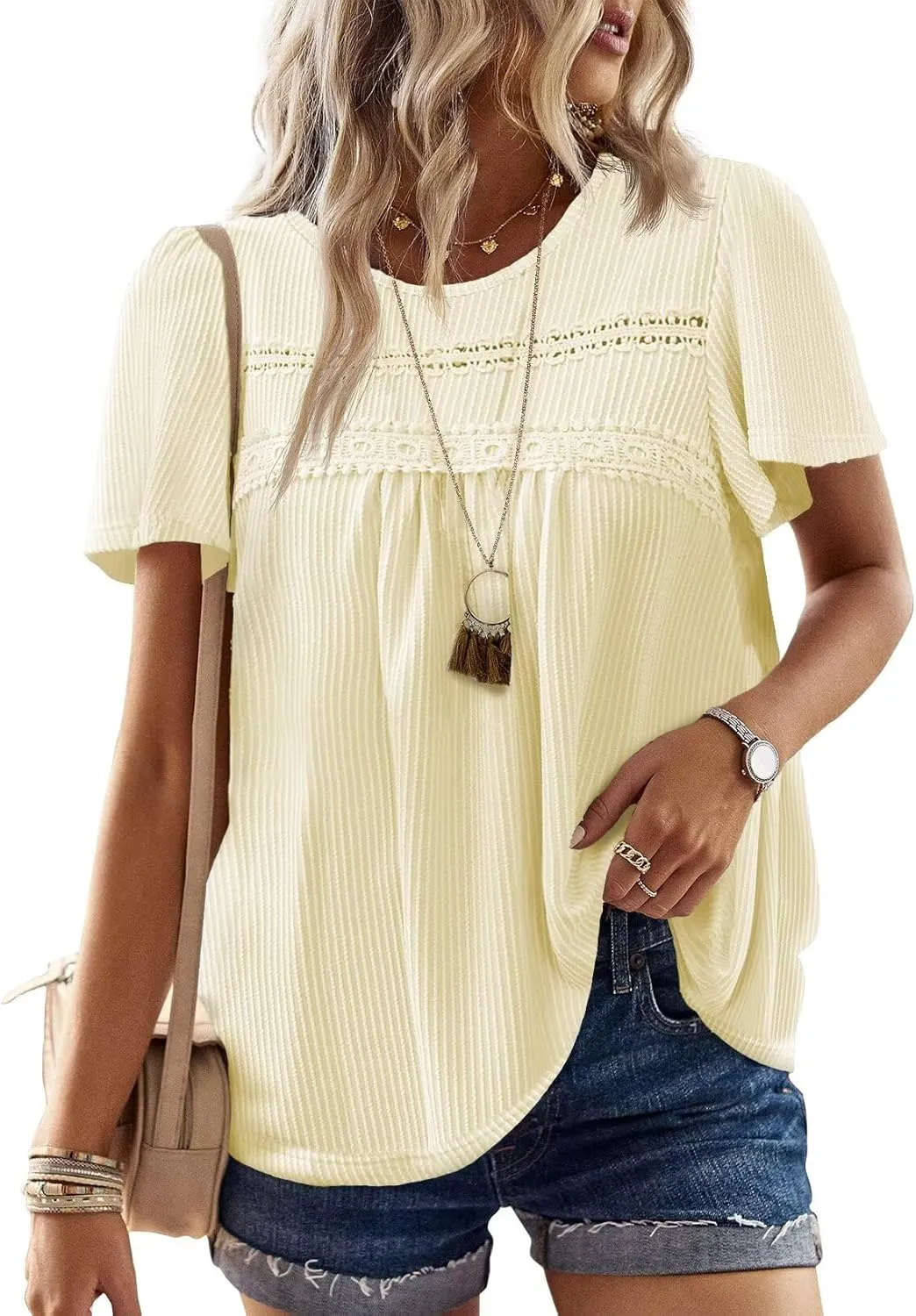 Womens Summer Tops Crewneck Short Sleeve Striped Shirts Casual Ribbed Blouses Flowy Hem Boho Clothing 2025
