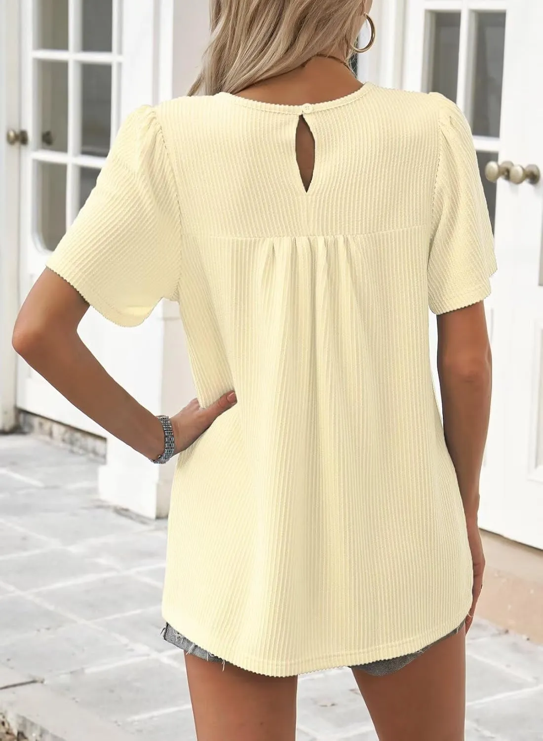 Womens Summer Tops Crewneck Short Sleeve Striped Shirts Casual Ribbed Blouses Flowy Hem Boho Clothing 2025