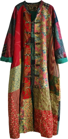 Women's Trench Coat Floral Print Long Cotton Linen Jacke Cottagecore Clothing Patchwork Outwear Bohemian unique