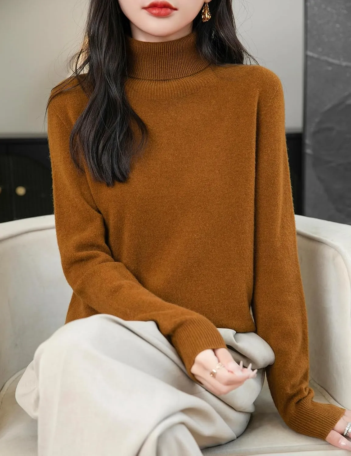 Women's Turtleneck 100% Merino Wool 2025 First-Line Ready to Wear Fall Winter Seamless Knit Pullover Sweater