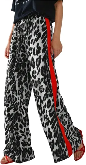 Women's Wide Leg Pants Leopard Print Color Block Trendy Pants Side Striped Loose Pant Drawstring High Waist Trousers