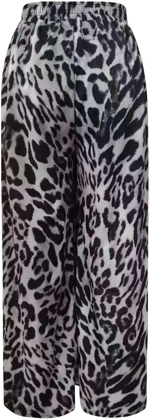 Women's Wide Leg Pants Leopard Print Color Block Trendy Pants Side Striped Loose Pant Drawstring High Waist Trousers