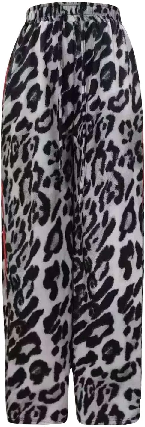 Women's Wide Leg Pants Leopard Print Color Block Trendy Pants Side Striped Loose Pant Drawstring High Waist Trousers