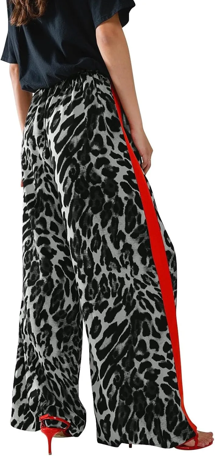 Women's Wide Leg Pants Leopard Print Color Block Trendy Pants Side Striped Loose Pant Drawstring High Waist Trousers