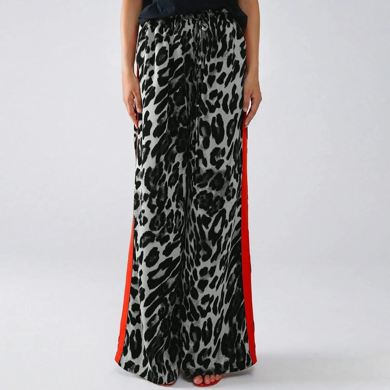 Women's Wide Leg Pants Leopard Print Color Block Trendy Pants Side Striped Loose Pant Drawstring High Waist Trousers
